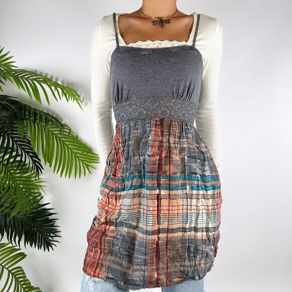 Vintage Y2K Gray Plaid Cottagecore Indie Sleaze Hipster Mini Dress Top / S - Picture 9 of 9